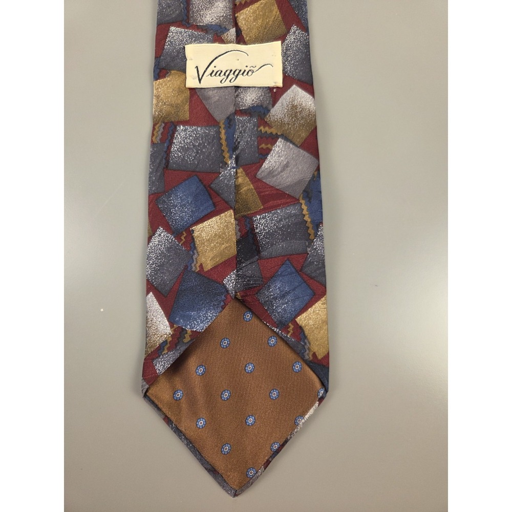 Vintage Viaggio 100% Silk Necktie Red Blue Gray Gold Silver - Picture 3 of 4